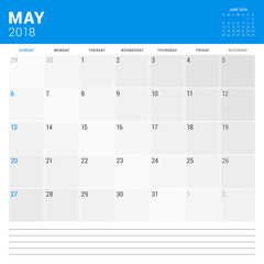 May 2018. Calendar planner vector design print template. Week starts on Sunday. Stationery design