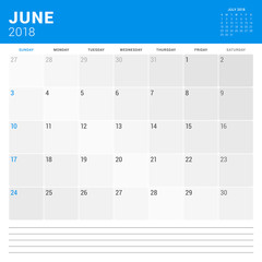 June 2018. Calendar planner vector design print template. Week starts on Sunday. Stationery design
