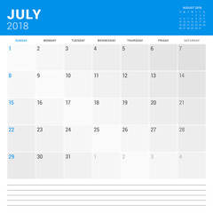 July 2018. Calendar planner vector design print template. Week starts on Sunday. Stationery design
