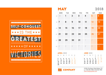 Calendar Template for 2018 Year. May. Design Template with Motivational Poster. 3 Months on Page. Week starts on Monday. Vector Illustration