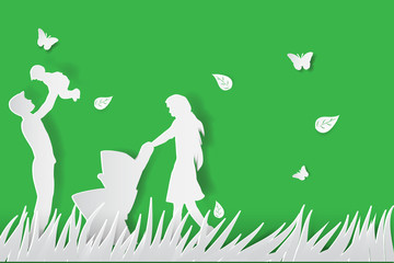 Green background happy family having fun playing in the field.paper cut style,vector