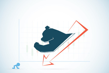 bear symbol with red and candlestick chart, stock market and business concept