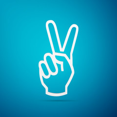 Victory hand sign icon. Hand showing two finger flat icon on blue background. Vector Illustration