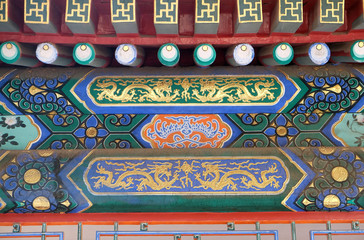 An ornate painted roof on a building in the Forbidden City in Beijing, China