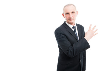 Middle aged elegant man showing number four gesture