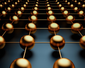 Gold metal and glass spheres geometry background. Abstract 3d render