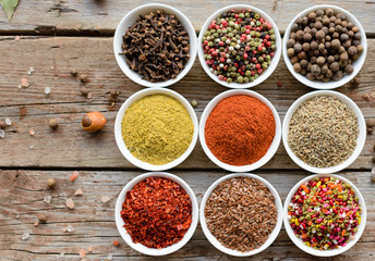 Various spices on wooden spoons. Food ingredients