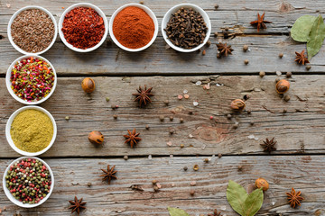 Various spices on wooden spoons. Food ingredients