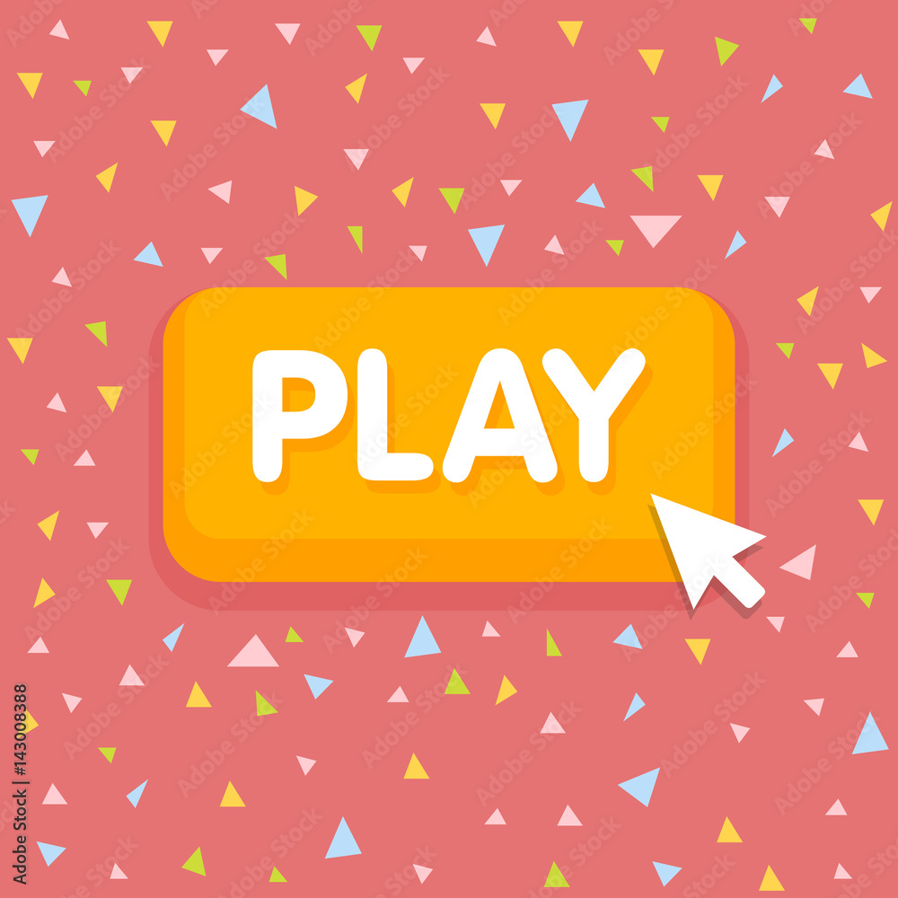Poster game button with mouse cursor vector illustration. confetti background