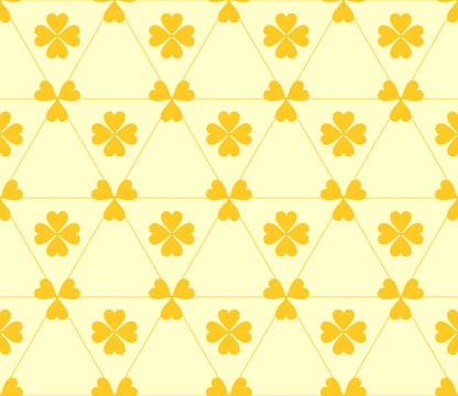 Seamless colored pattern. Print of dark yellow clovers four and three leaves and lines on light yellow background.
