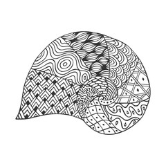 Isolated hand drawn black outline monochrome sea shell on white background. Ornament of curve lines.