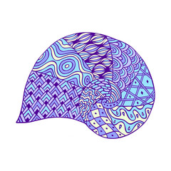 Isolated hand drawn outline blue violet colored sea shell on white background. Ornament of curve lines.