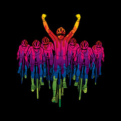 Obraz premium The winner with group of biking designed using melting colors graphic vector.