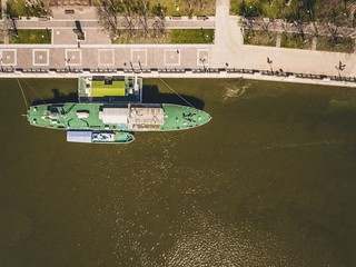 War ship on the embankment in Rostov-on-Don. Aerial view.