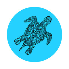 Fototapeta premium Isolated hand drawn black outline turtle on blue round background. Ornament of curve lines.