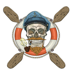Skull with oars and life buoy, smokes a pipe