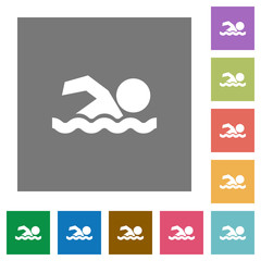 Swimming man square flat icons