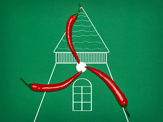 The pop art collage of old mill with fresh peppers on green background