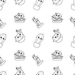 Pattern of cute cartoon hand-draw cactus in different pots