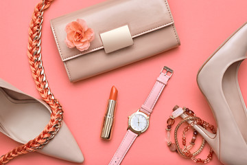 Fashion Design Woman Accessories Set. Pastel Colors.Cosmetic Makeup.Trendy Sunglasses fashion...