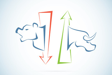 bull and bear symbols with green and red arrows, stock market and business concept
