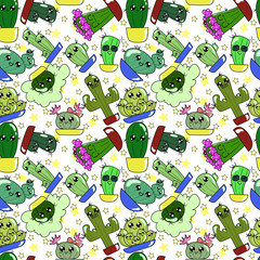 Seamless pattern of cute cartoon hand-draw cactus in different pots