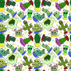 Seamless pattern of cute cartoon hand-draw cactus in different pots