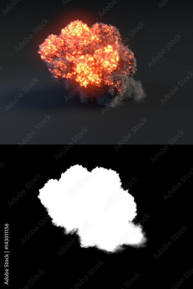 Poster explosion with black smoke in dark 3d rendering
