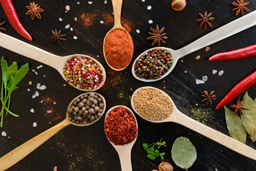 Various spices on wooden spoons. Food ingredients