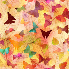 Seamless watercolor texture with butterflies and skeleton leaves