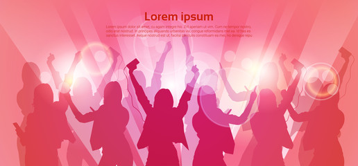 Silhouette Woman Group Dancing Night Club Light Flat Vector Illustration