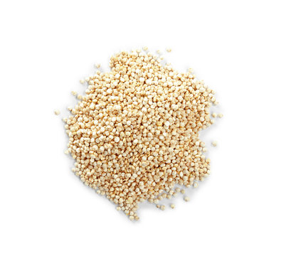 Pile of raw quinoa seeds on white background