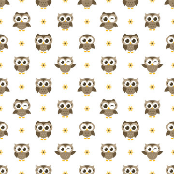 seamless pattern with brown owls and flowers
