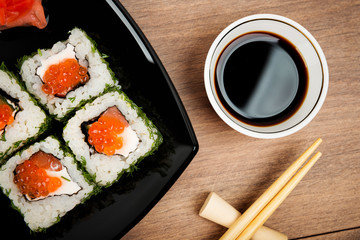 Sushi set served on a black plate