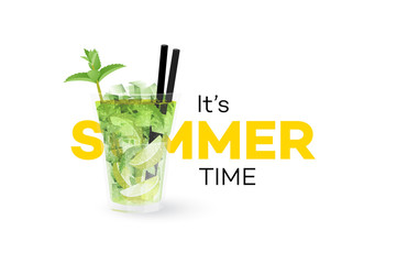 Classic Mojito Coctail Isolated On White Background. Seasonal Summer Conceptual Banner. Vector Design Element