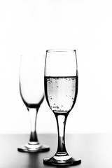monochrome photo of champagne on white table on white background
