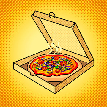 Fresh Pizza In Box Pop Art Vector Illustration