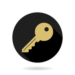 Fine vector golden key icon in the circle. Flat design and long shadow