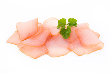 Sliced ham isolated on white background, top view.