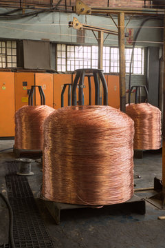 Copper wire on spindles in production of making cables