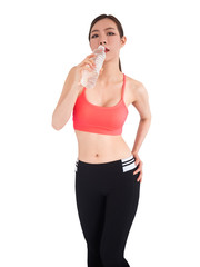 woman in sportswear drinking water,isolated on white background, sport girl holding water