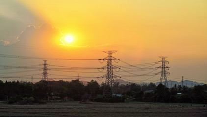 silhouette of high voltage electrical pole structure