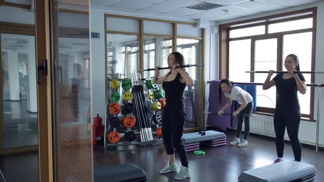 Trainer do exercises with bar with her group of women in studio. Young slim woman in black training suit, grey snickers, with flowing disheveled dark hair hold in her hands steel rod, she fast bend