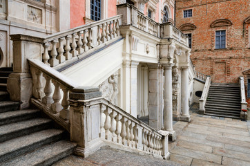 Castle of Govone in Piedmont, Italy. Detail of the facade and monumental stairs