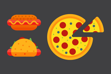 Set of colorful cartoon fast food pizza icons isolated restaurant tasty american cheeseburger meat and unhealthy burger meal vector illustration.