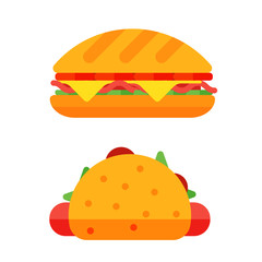 Colorful sandwich cartoon fast food icons isolated restaurant tasty american cheeseburger meat and unhealthy burger meal vector illustration.