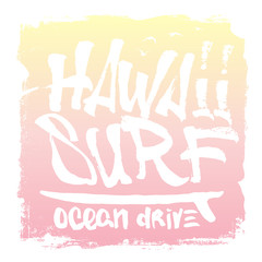 Hawaii hand lettering surf print, tee print. Vector illustration.