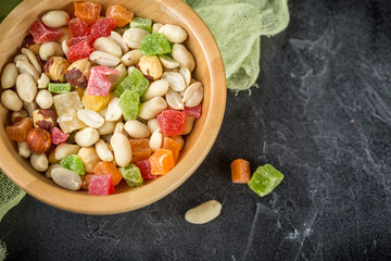 Nuts and candied fruits in bowl