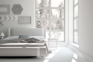 White bedroom and grey landscape in window. Scandinavian interior design. 3D illustration