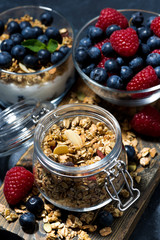 crispy muesli and fresh berries for breakfast, vertical top view